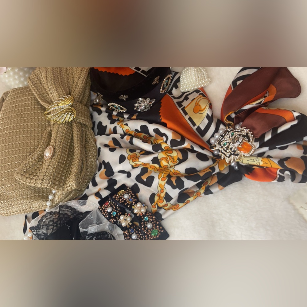 Leopard Scarf with Gold and Orange , woven clutch and pins